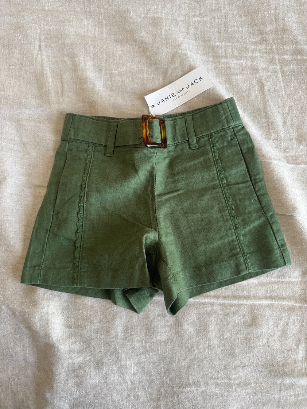 Janie and Jack Olive Green High-Waist Linen-Blend Girls' Shorts with Buckle
